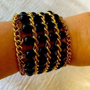 Chunky Wide Black Beaded Gold Tone Necklace‎